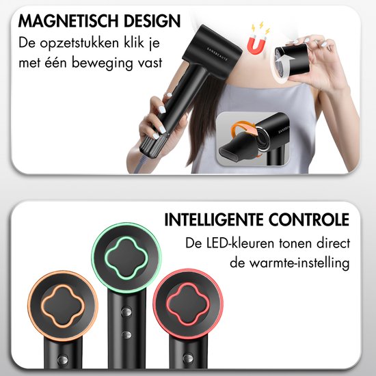 Sansbeauté® Föhn met Diffuser - Krullen - 110.000RPM - Ionische Haardroger met Borstel - 3 Standen - 3 Opzetstukken - Reisföhn - Sèche Cheveux - Krul Feun Set - Haarföhn met Defuser - Hair Blow Dryer - Kappersfohn - 2000W