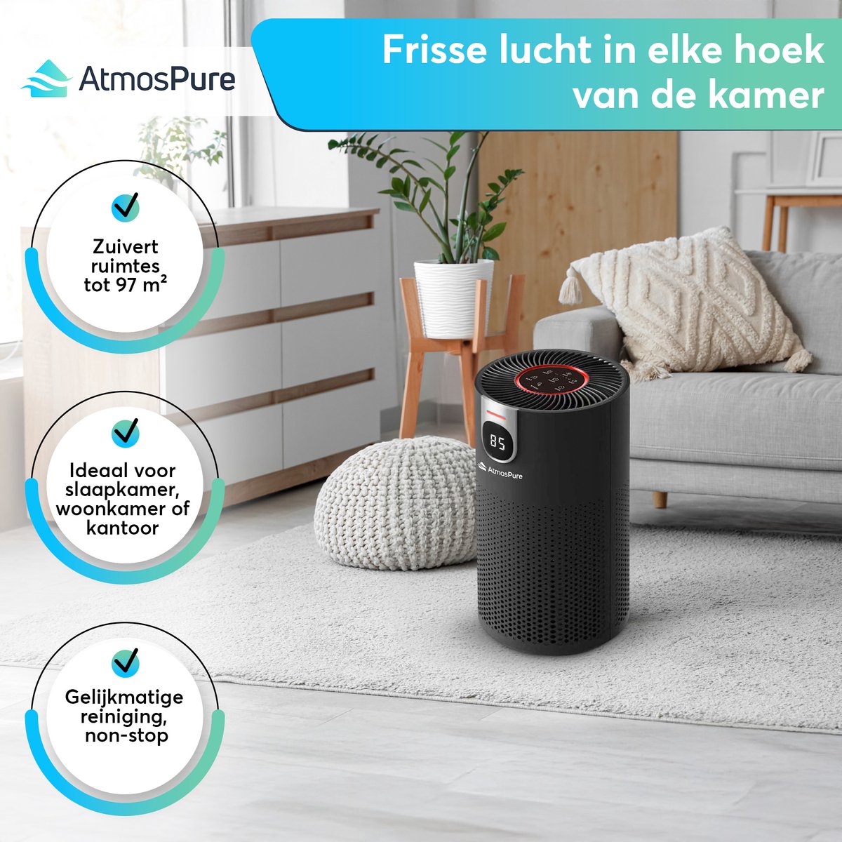 AtmosPure® CleanAir Luchtreiniger - Air Purifier met vervangbaar HEPA 13 + Koolstof filter - CADR 250 m³/h - Zwart - Voor 98 m² - Filtert pollen, huisstofmijtallergenen en fijnstof - 3 standen + stille slaapstand - Luchtkwaliteit Sensor — afbeelding 3