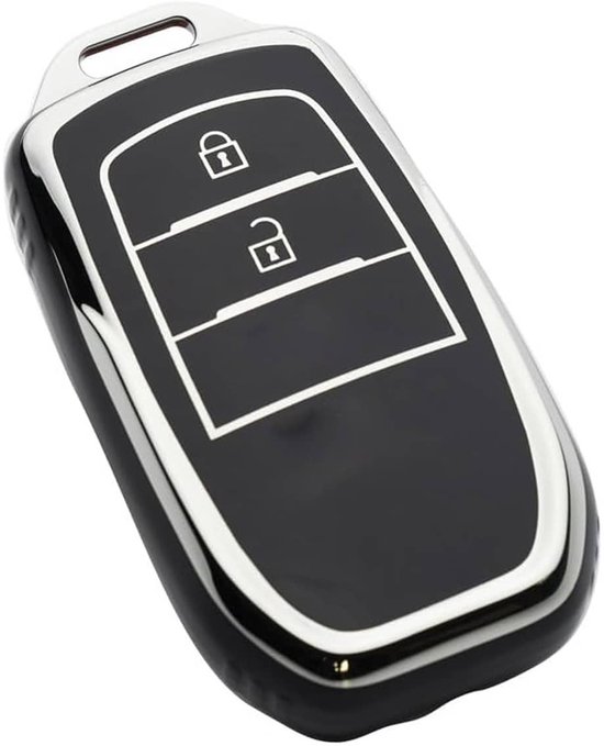 Zwarte autosleutelcover met chromen rand en 3 knoppen: vergrendelen, ontgrendelen en een derde knop. Geïsoleerd op witte achtergrond.