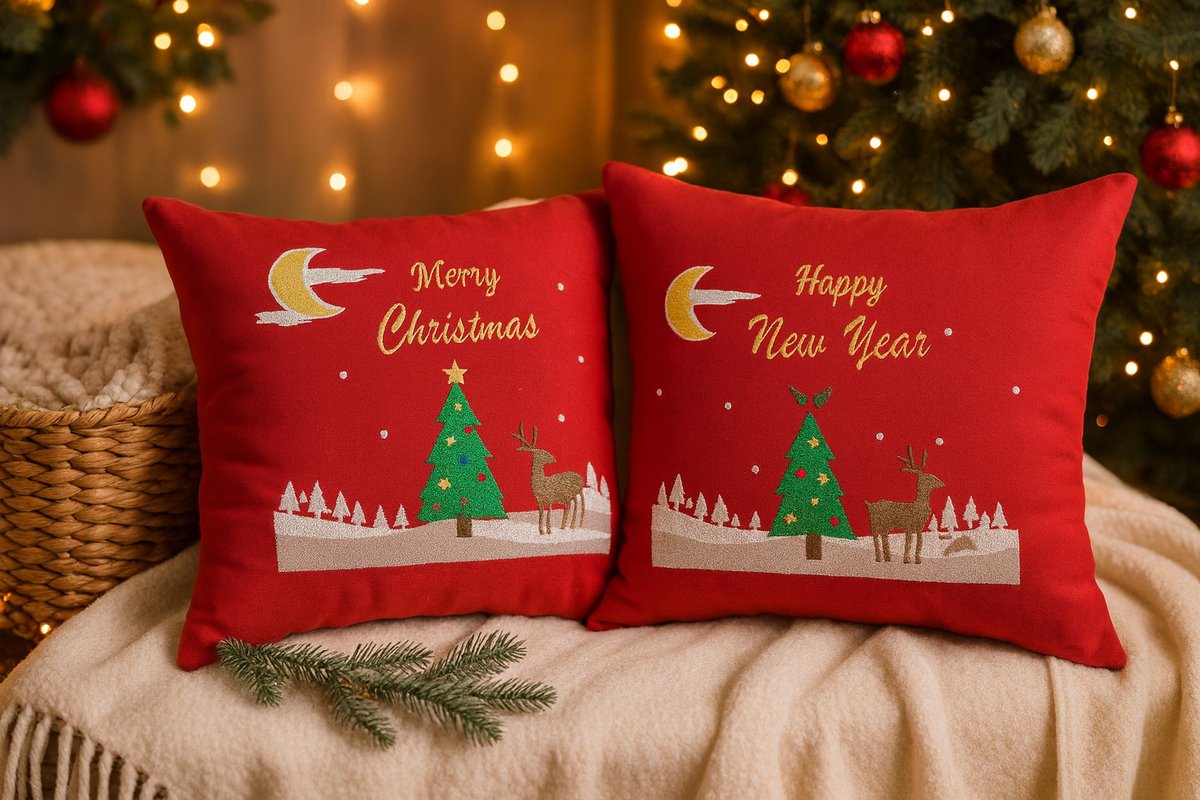 Kerst Kussenhoezen Set (2 stuks) – Merry Christmas / Happy New Year – Pillowcases – 45x45 cm – Christmas Decor
