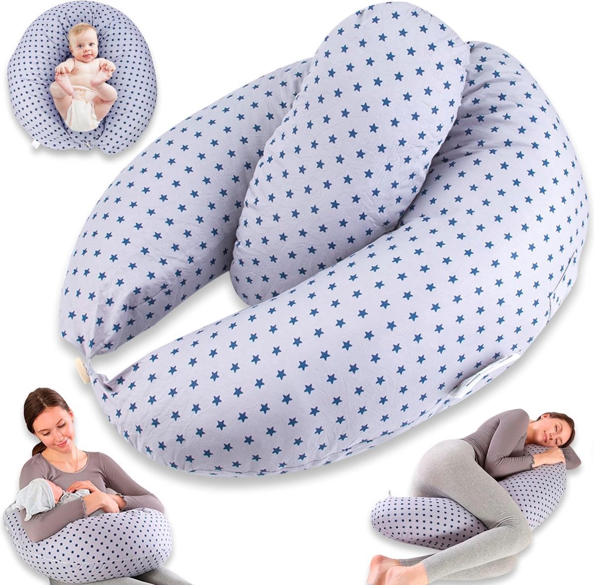 Stunq® Voedingskussen XXL Zijslaapkussen - Blauw Kleur - Met Binnenkussen en Katoenen Hoes zwangerschapskussen hoes xxl