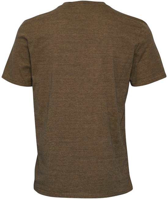 Achterzijde van een olijfbruin gemêleerd katoenen T-shirt met korte mouwen en ronde hals.