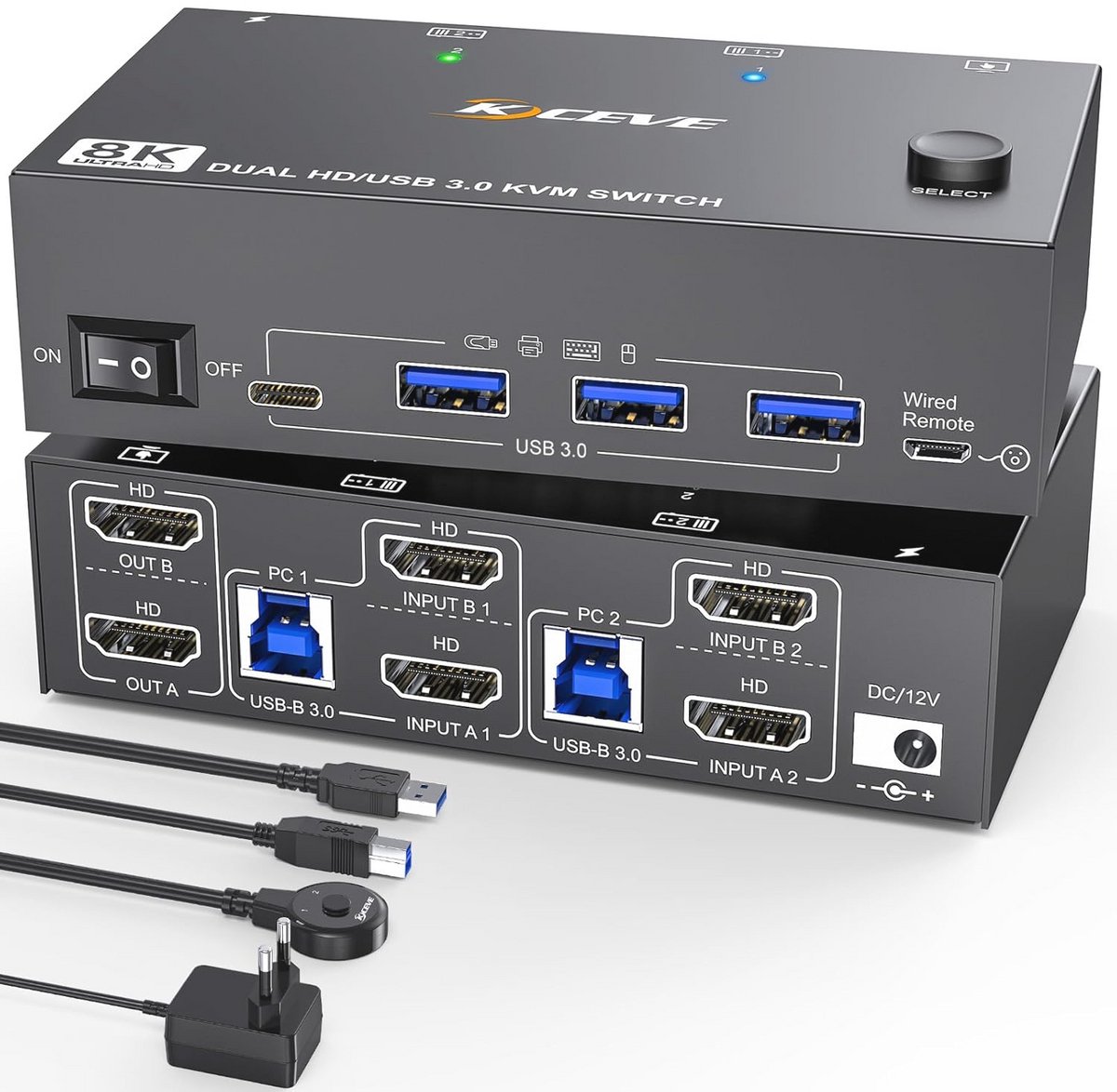 8K HDMI KVM-switch voor 2 computers en 2 monitoren met USB 3.0-hub en afstandsbediening
