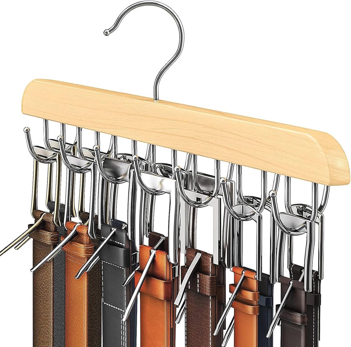 Houten Riemhouder met 14 Haken – Ruimtebesparende Organizer voor Kledingaccessoires