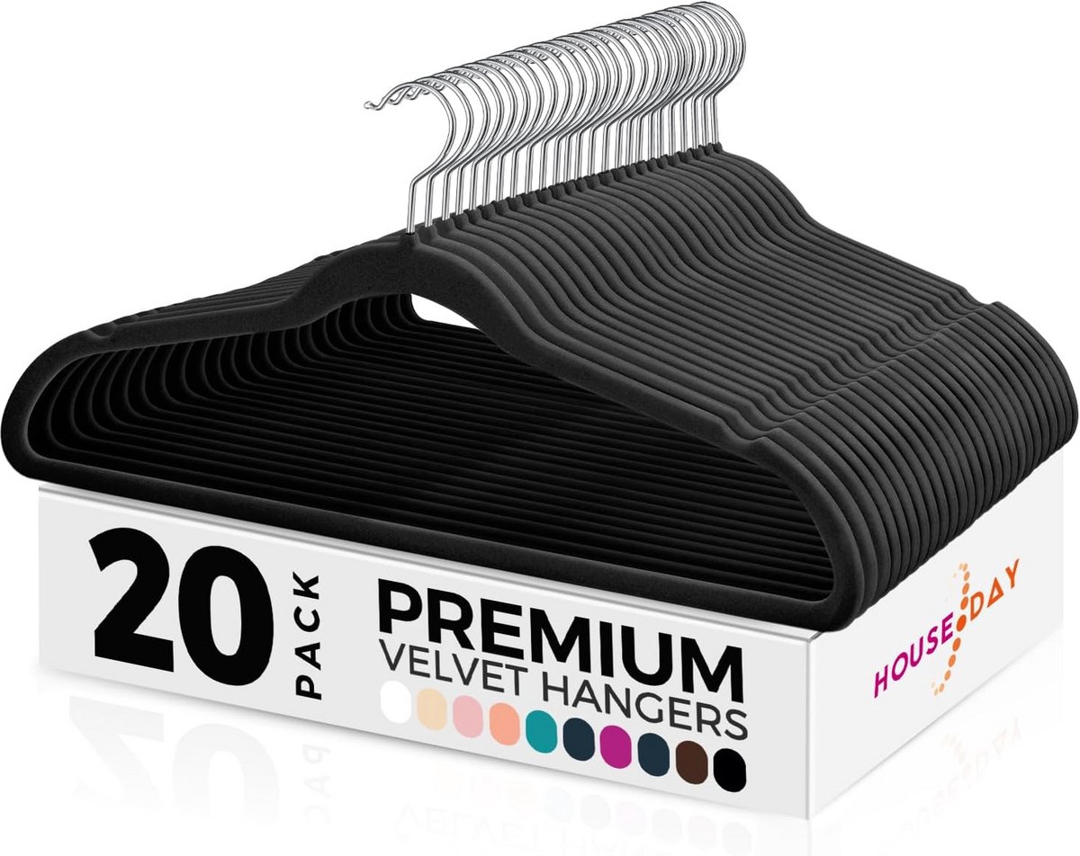 Zwarte fluwelen kleerhangers - 20 stuks, antislip, 360 graden draaibaar, ruimtebesparend