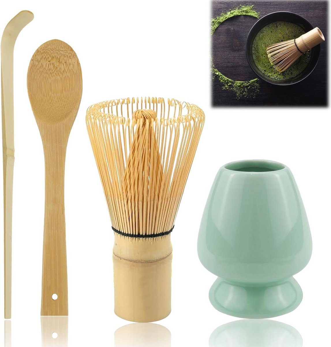 4-delige Matcha set – matcha klopper, matcha lepel en bezemhouder, matcha accessoire set
