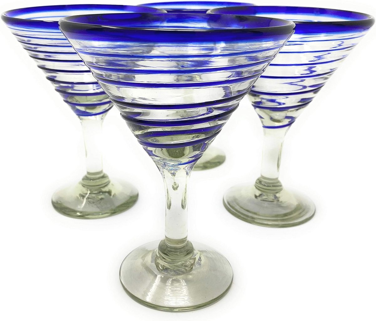 Set van 4 Handgeblazen Margarita Glazen - Blauwe Spiraal (12 Oz)