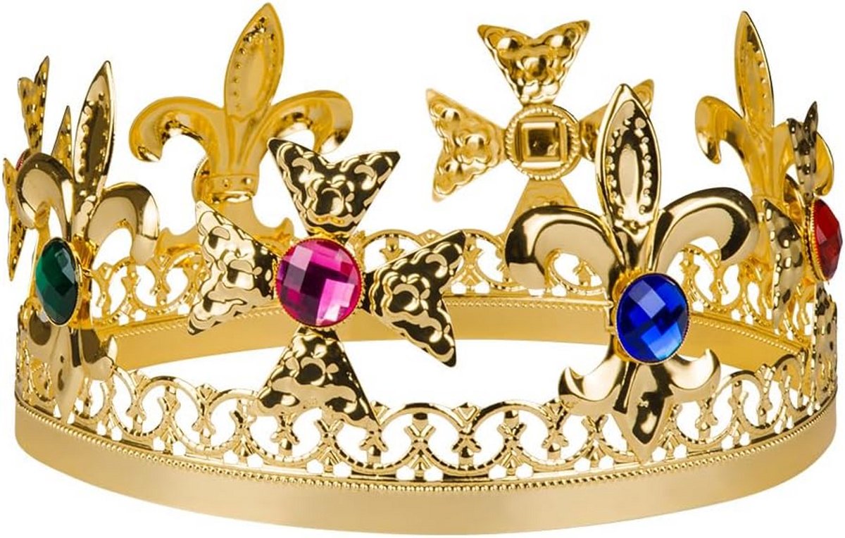 Gouden Kroon voor Volwassenen met Edelstenen voor Koning en Koningin Kostuum