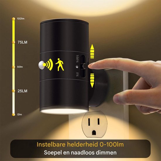 QTTVBTNA - LED Sensor Nachtlampje - Stekkerlamp - Ingebouwde Beweging Sensor - Dimbaar - Geschikt Voor Slaapkamer, Badkamer, Kinderkamer - 3000K Warm Licht - Zwart - 1 Stuk van Merkloos — afbeelding 2