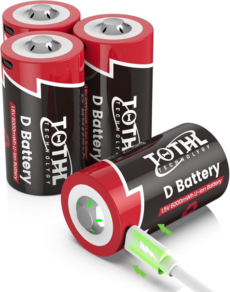 Oplaadbare D Batterijen 1.5V LR20 Set van 4 met USB C Oplaadkabel