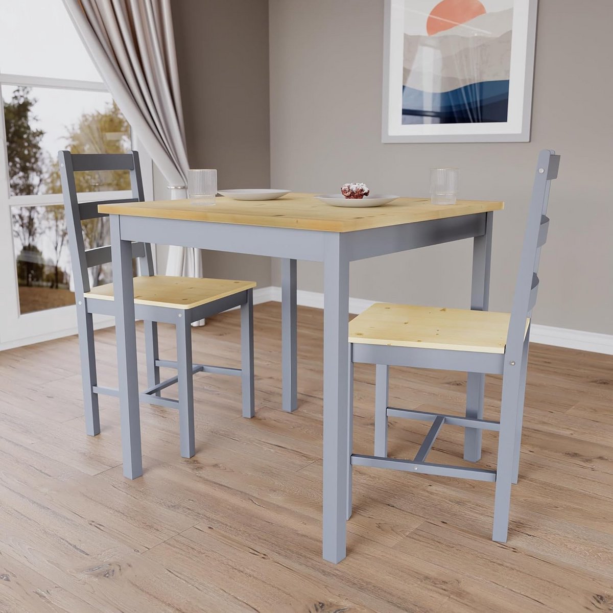 Eettafel Set met 2 Stoelen voor Keuken of Eetkamer - Grijs en Houtkleur
