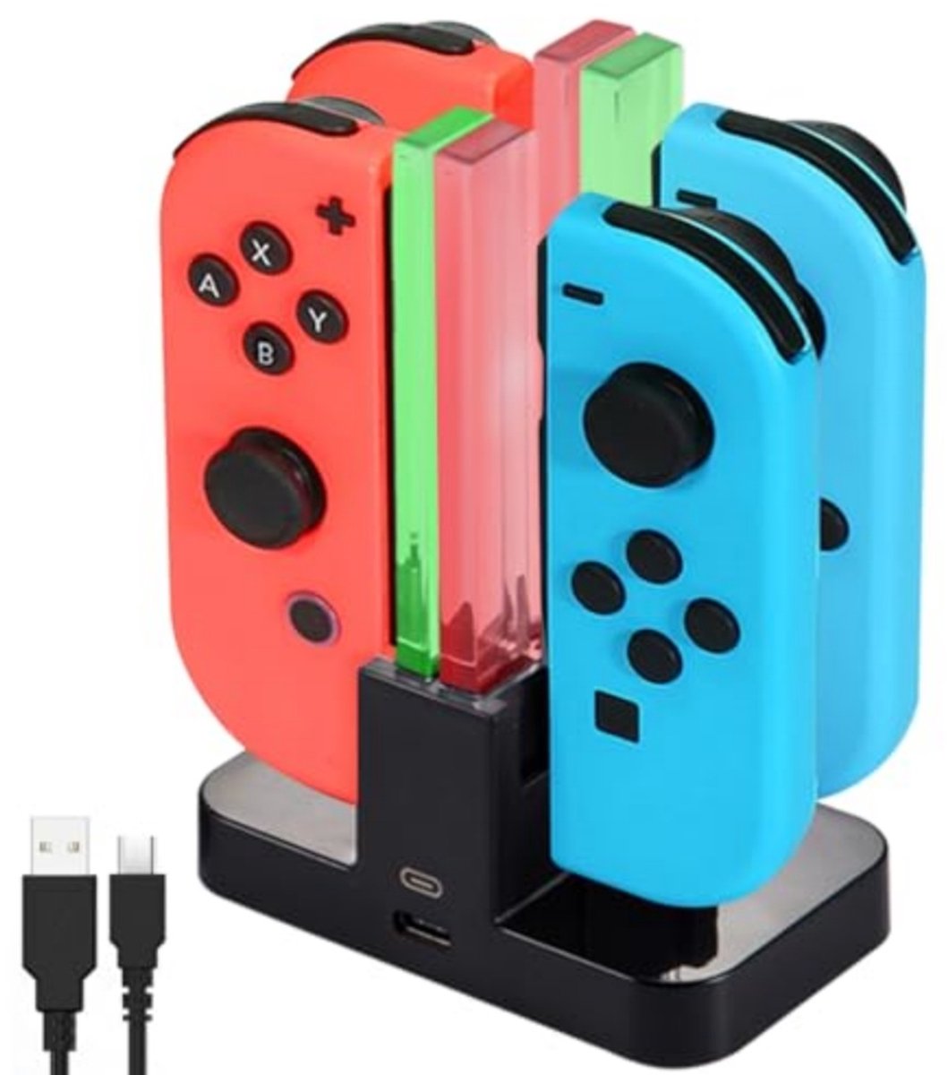 Oplaadstation voor Nintendo Switch - Joy-Con-oplader - Type-C-interface - Laadt maximaal 4 controllers tegelijkertijd op - Joy-ConOplaadstation - LED Indicatie - Draagbaar - zwart