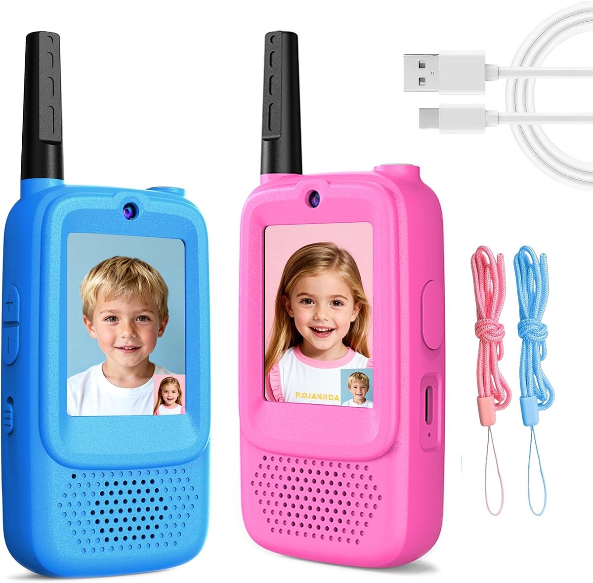 Videowalkietalkies voor kinderen, 2 stuks oplaadbare walkietalkies met groot bereik en tweeweg video-intercom voor jongens en meisjes van 3-12 jaar, speelgoed voor binnen en buiten, voor avontuur, kamperen, wandelen, verjaardagen (blauw/roze)