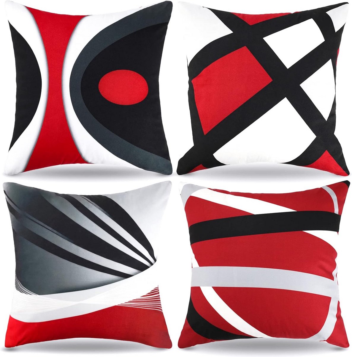 Kussensloop 40 x 40 cm - Set van 4 - Modern Geometrisch Patroon - Zwart-Rood - Decoratieve