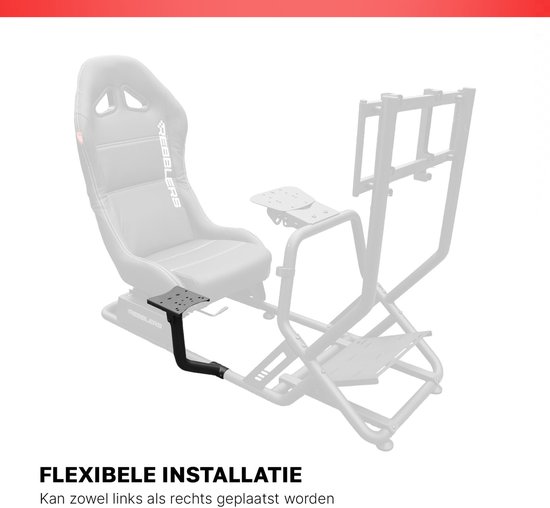 Flexibele installatie van een zwarte racestoel, met linker en rechter montageoptie.