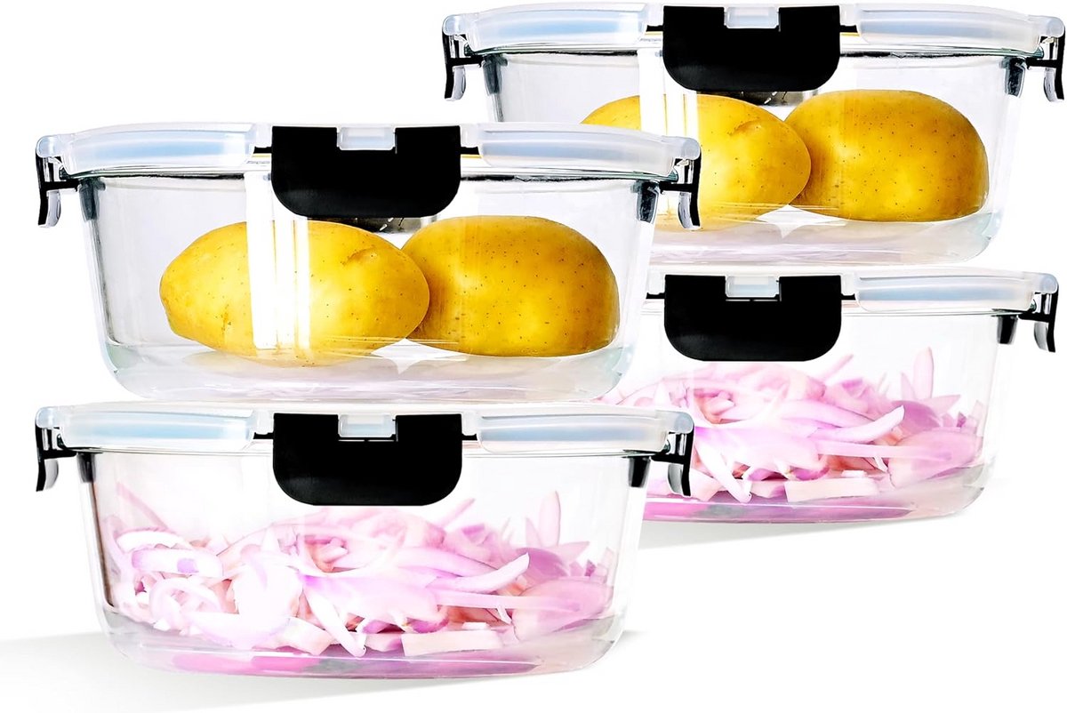Set van 4 Ronde Glazen Vershouddozen 1300 ml met Luchtdichte Deksel