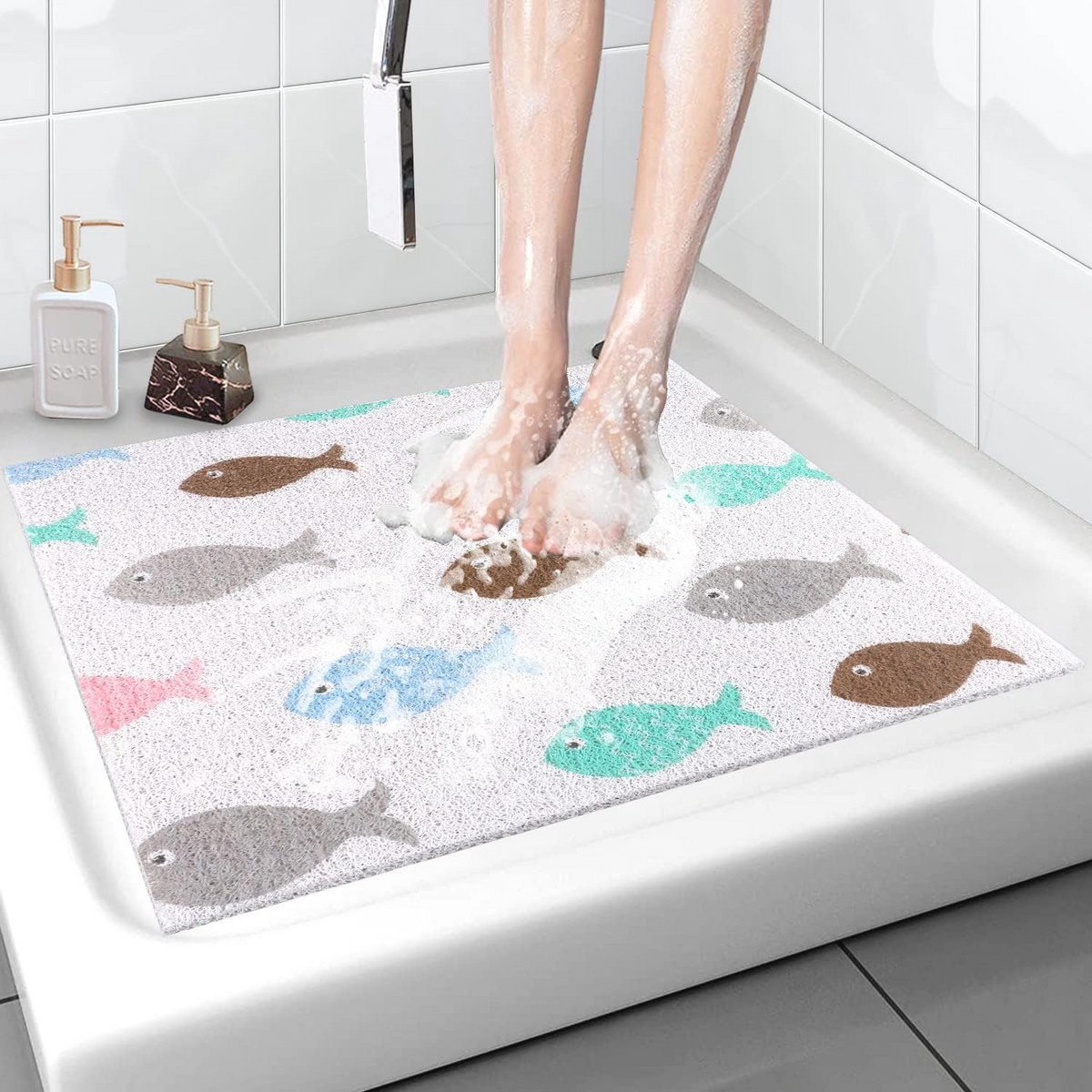 Antislip douchemat 61 x 61 cm - Zachte, comfortabele badmat met afvoergaten - PVC loofah massage badmat voor badkamer