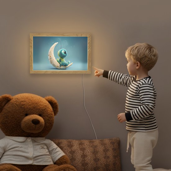 Nachtlampje 30x20 cm - Kinder lampje - Maan - Ruimtewezen - Blauw - Tafellamp kinderkamer - Slaapkamer lamp - Bedlamp kinderen - Kinderlampje stopcontact - Wandlamp babykamer - Nachtlampjes van Merkloos — afbeelding 5