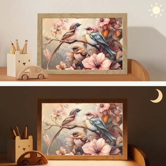Nachtlampje 30x20 cm - Kinder lamp - Vogels - Bloemen - Roze - Pastel - Tafellamp kinderkamer - Slaapkamer lamp - Bedlamp kinderen - Kinderlampje stopcontact - Wandlamp babykamer - Nachtlampjes van Merkloos — afbeelding 4