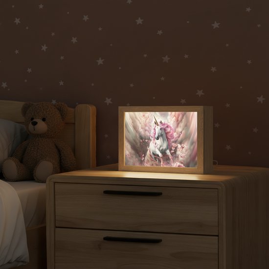 Nachtlampje 20x15 cm - Kinder lampje - Eenhoorn - Meisje - Roze - Bloemen - Sprookje - Tafellamp kinderkamer - Slaapkamer lamp - Bedlamp kinderen - Kinderlampje stopcontact - Wandlamp babykamer - Nachtlampjes van Merkloos — afbeelding 2