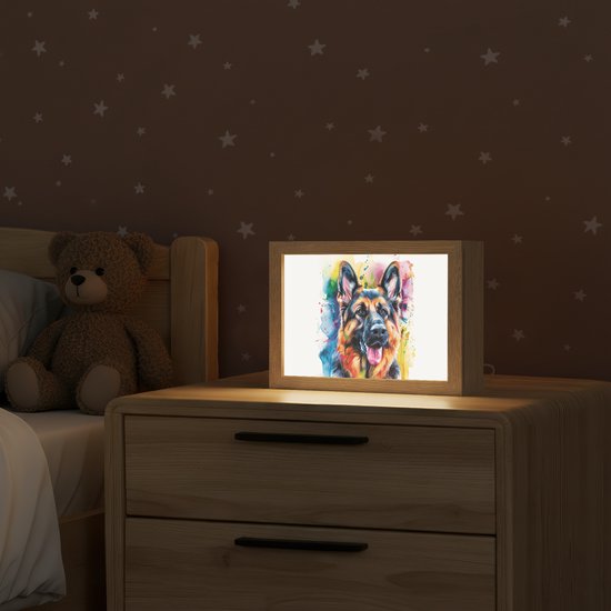 Nachtlampje 20x15 cm - Kinder lampje - Hond - Verf - Dieren - Kleurrijk - Duitse Herder - Tafellamp kinderkamer - Slaapkamer lamp - Bedlamp kinderen - Kinderlampje stopcontact - Wandlamp babykamer - Nachtlampjes van Merkloos — afbeelding 2