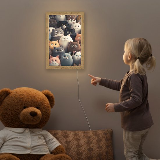 Nachtlampje 20x30 cm - Kinder lamp - Kat - Dieren - Poes - Patroon - Jongen - Meisje - Tafellamp kinderkamer - Slaapkamer lamp - Bedlamp kinderen - Kinderlampje stopcontact - Wandlamp babykamer - Nachtlampjes van OnlyWow — afbeelding 5