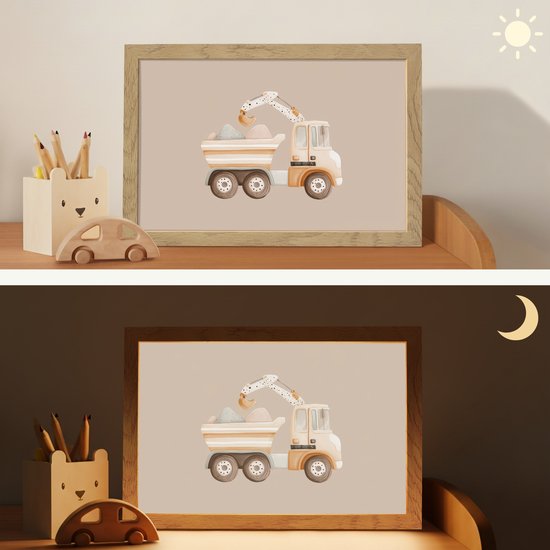 Nachtlampje 30x20 cm - Kinder lampje - Kiepwagen - Auto - Beige - Tafellamp kinderkamer - Slaapkamer lamp - Bedlamp kinderen - Kinderlampje stopcontact - Wandlamp babykamer - Nachtlampjes van OnlyWow — afbeelding 4