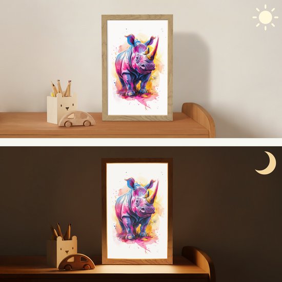 Nachtlampje 20x30 cm - Kinder lampje - Neushoorn - Kleurrijk - Verf - Dieren - Tafellamp kinderkamer - Slaapkamer lamp - Bedlamp kinderen - Kinderlampje stopcontact - Wandlamp babykamer - Nachtlampjes van OnlyWow — afbeelding 4
