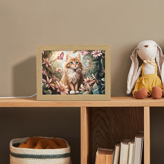 Nachtlampje 20x15 cm - Kinder lamp - Kat - Bloemen - Vlinders - Roze - Tafellamp kinderkamer - Slaapkamer lamp - Bedlamp kinderen - Kinderlampje stopcontact - Wandlamp babykamer - Nachtlampjes van Merkloos — afbeelding 3
