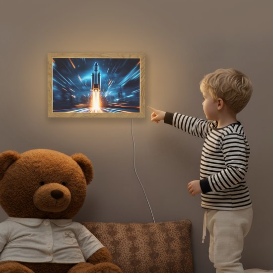 Nachtlampje 30x20 cm - Kinder lamp - Raket - Ruimte - Blauw - Licht - Tafellamp kinderkamer - Slaapkamer lamp - Bedlamp kinderen - Kinderlampje stopcontact - Wandlamp babykamer - Nachtlampjes van Merkloos — afbeelding 5