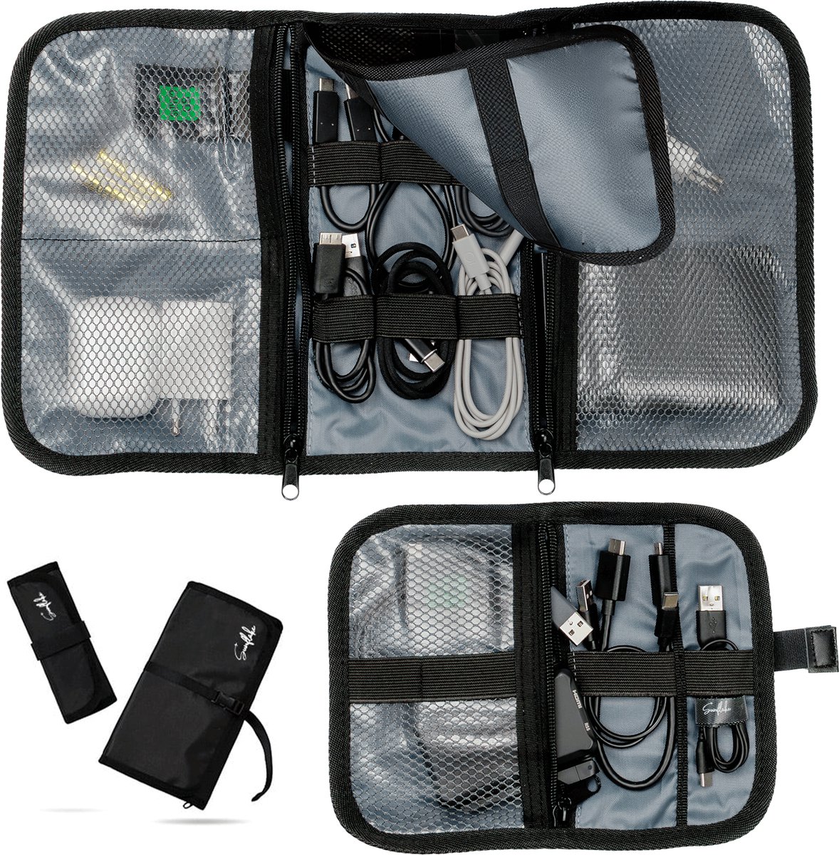 Opvouwbare Kabel Organizer Tas - Set van 2 - Compacte Elektronica Reis Kabeltasje Zwart - Sunflake