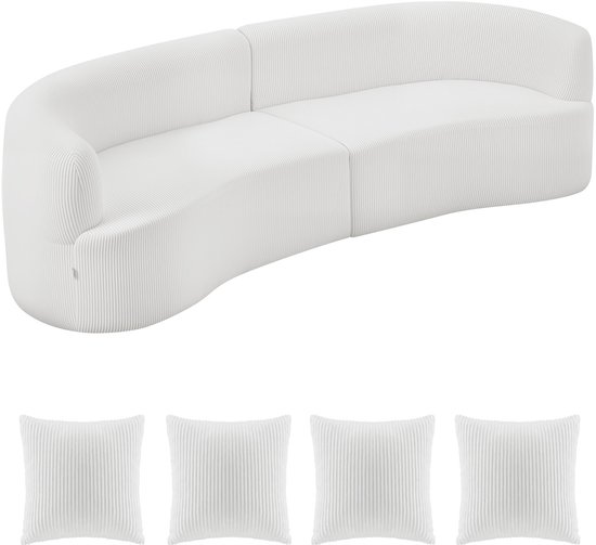 Canapé Modulaire Incurvé 2840 mm, Canapé d'Angle Contemporain Avec 4 Coussins, Canapé en Velours Côtelé Peluche Inspiré des Nuages Surdimensionné Avec Assise Profonde et Spacieuse, Idéal pour Salon, Chambre, Appartement Ou Bureau, Blanc