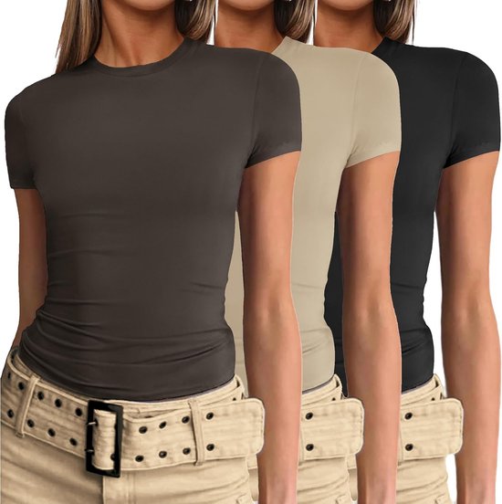 Ekouaer Dames 3-pack tops met korte mouwen ronde hals basic T-shirts stretch getailleerde zomer crop top esthetische streetwear S-XXL, XL