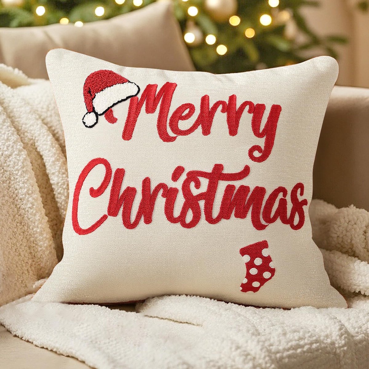 Unyqoos Kerstkussenhoes met 3D-design en onzichtbare ritssluiting voor sfeervolle decoratie wit