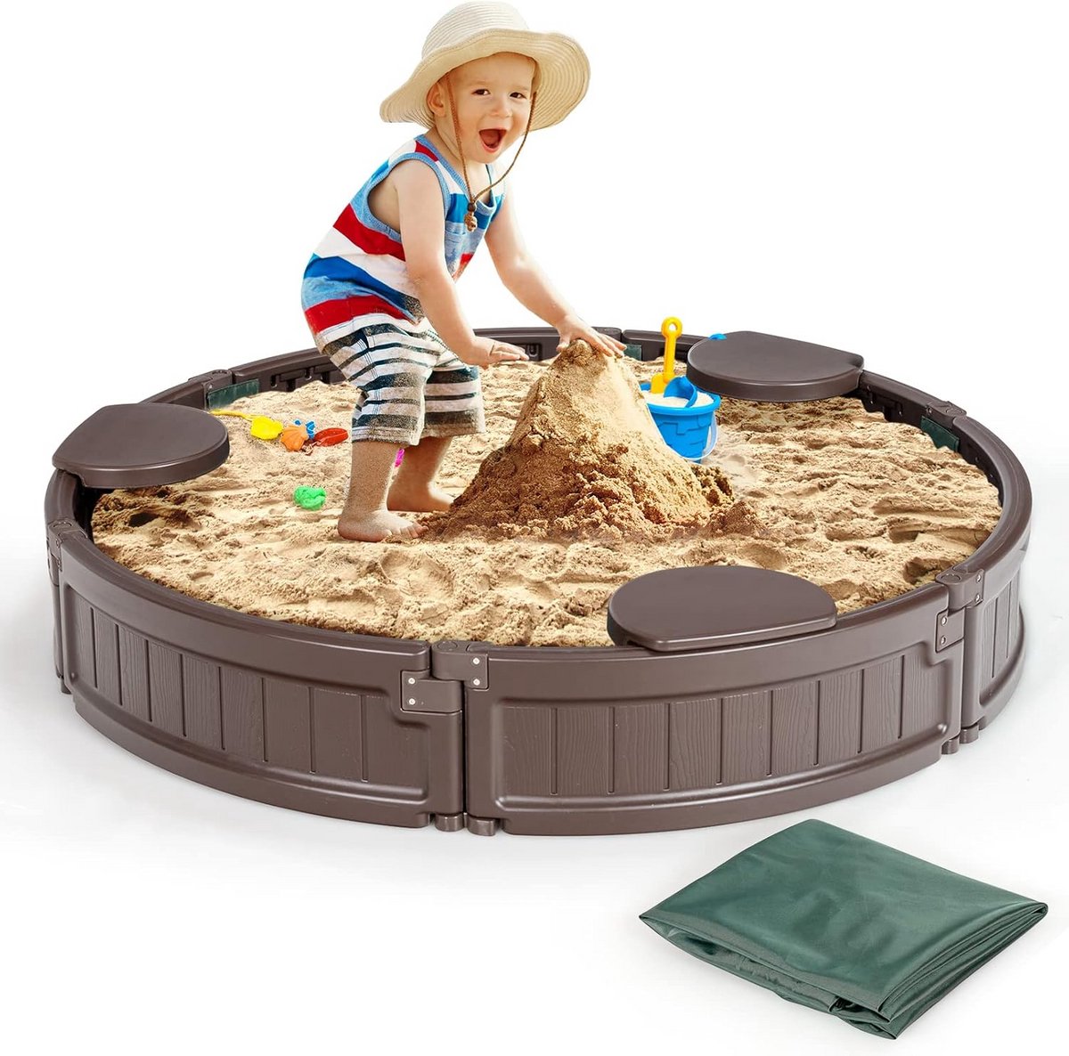 Ronde Zandbak 120 cm met 3 Zitplaatsen, HDPE en Afdekzeil voor Kinderen