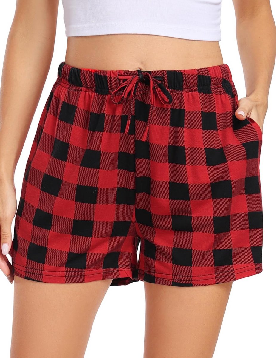 Dames Pyjamabroek Katoen Look - Geruite Lounge Shorts met Zakken en Trekkoord
