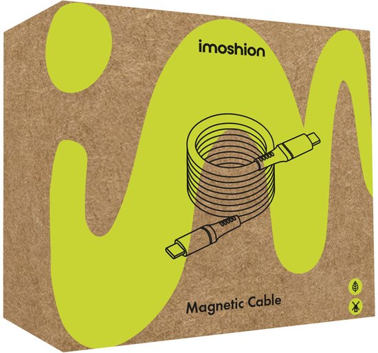 Bruine kartonnen imoshion verpakking met groene opdruk van een opgerolde magnetische kabel.