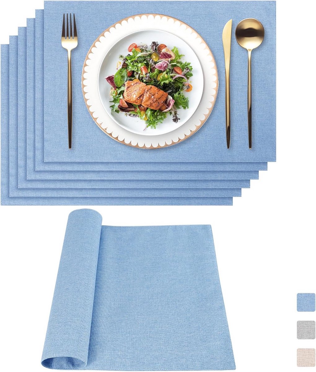 Set van 6 Afwasbare Linnen Placemats, 33 x 48 cm, Blauw