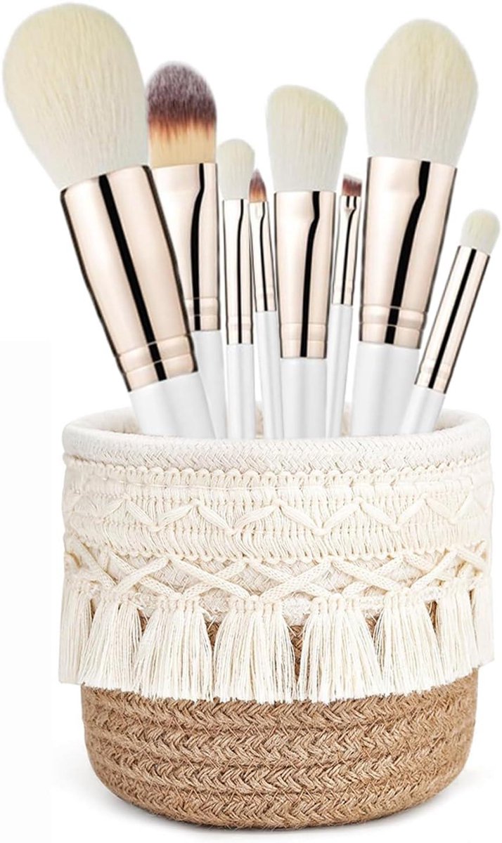 Allecta - Mini Opbergmand 10x10 cm Boho Decoratie Organizer voor Pennen, Potloden, Penselen - Wit Kaki Kleur
