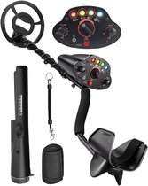 Zwarte metaaldetector met control box, handpinpointer, zoekspoel en accessoires.