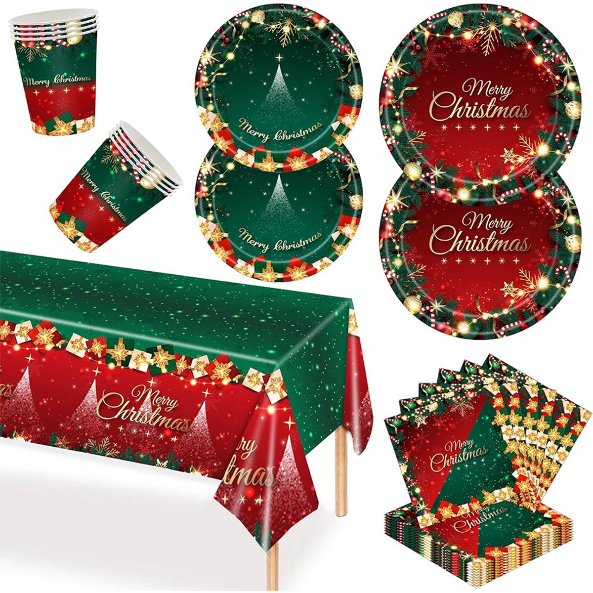 Kerstservies - Kerstservies voor 20 Personen - Kerstdecoraties met Feestelijke Motieven - Inclusief Papieren Borden, Servetten en Bekers