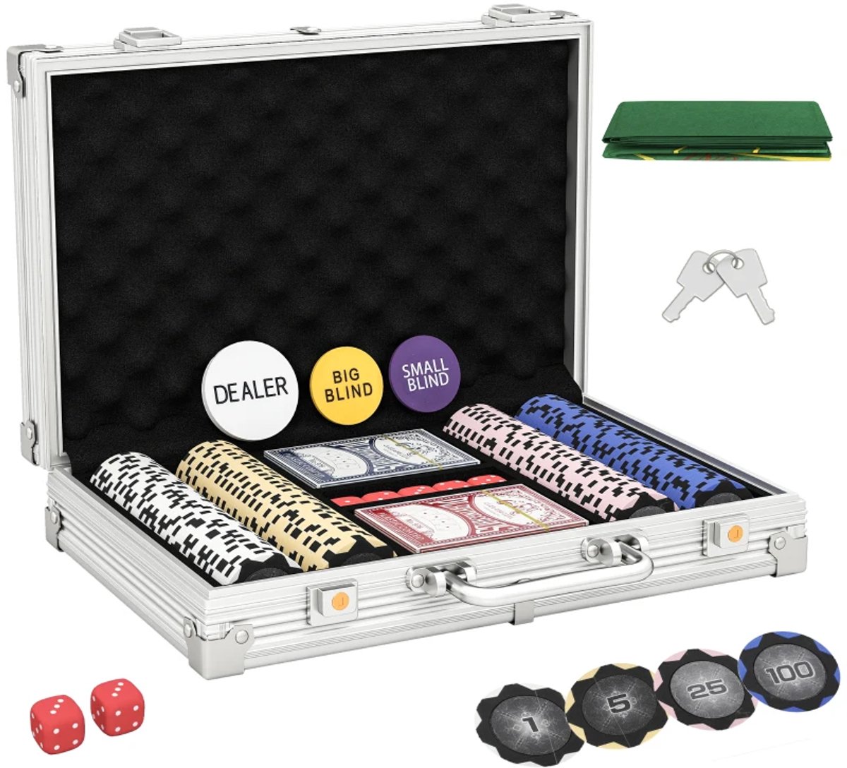 Luxe Pokerset met 200 Chips - 2 Kaartspellen - 5 Dobbelstenen - Aluminium Koffer - 29,5x22,5x6,5 cm - Pokerchips Complete Set - Pokerspel - Kaartspellen - voor Texas Hold'em, Blackjack