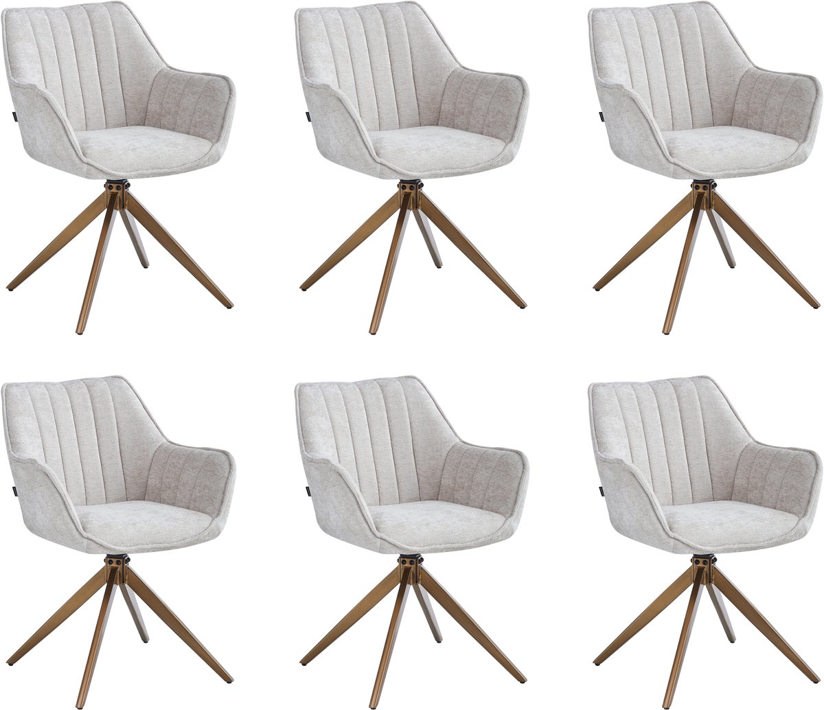 Colenis Yasmin Eetkamerstoelen - Set van 6 - Beige - Chenille Stof - 180° Draaistoelen - Geborsteld Goud Poten - Gestoffeerde zitting