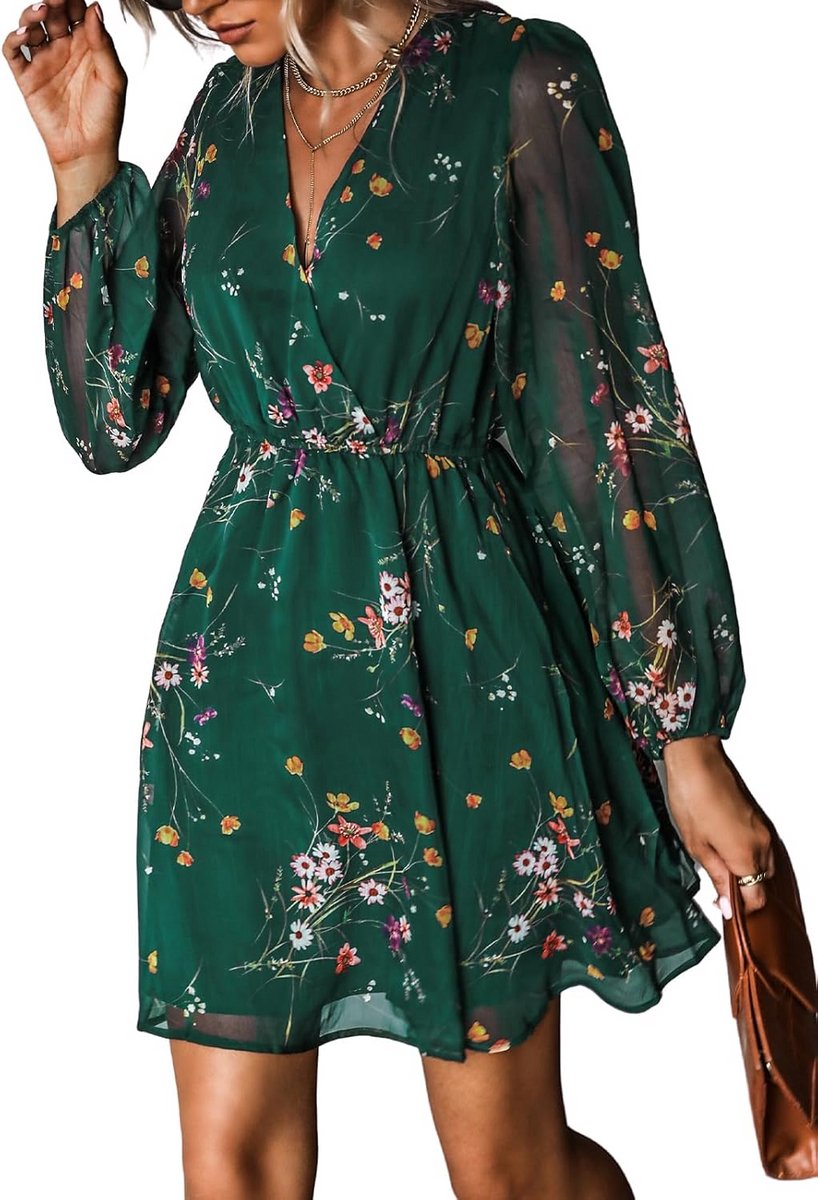 Vrouwen V-Neck Chiffon Jurk met Lange Mouwen voor Vroegjaar en Zomer