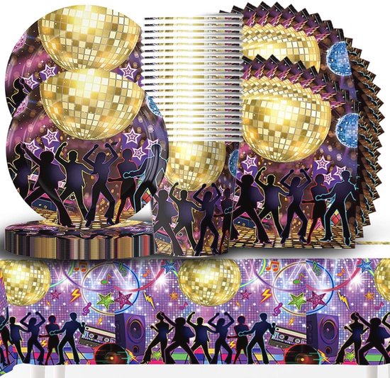 Disco feestset voor kinderverjaardag - 61 stuks feestservies met borden, bekers, servetten en tafellakens