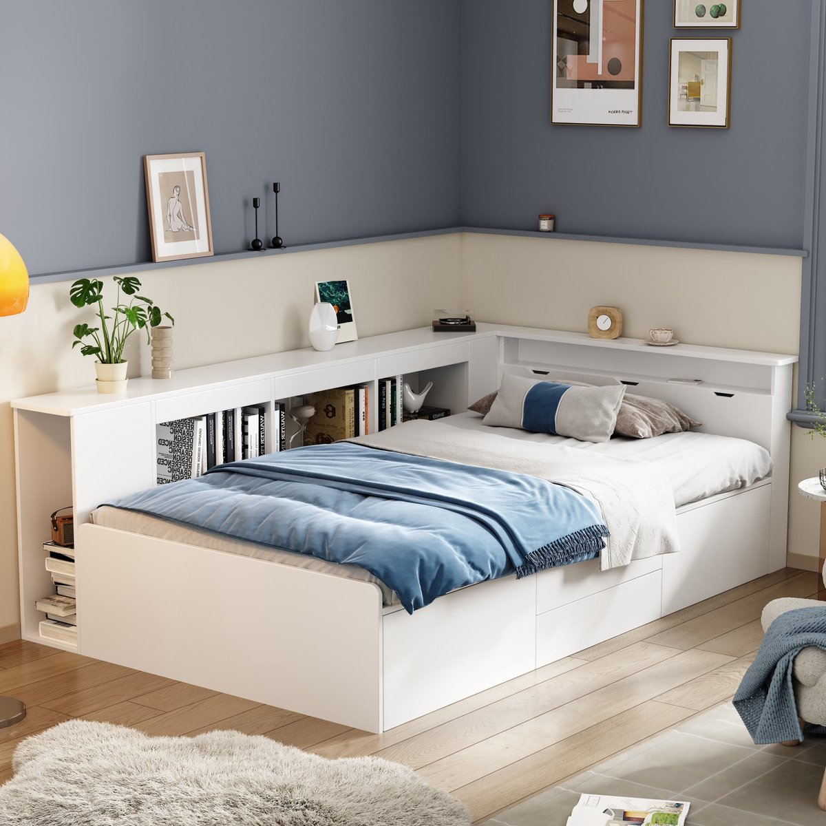 Wishdor Kinder Opbergbed 90x200 cm - 4 Lades & Boekenkast - 3 Verborgen Bergruimtes - Wit MDF - Ultieme Opberger