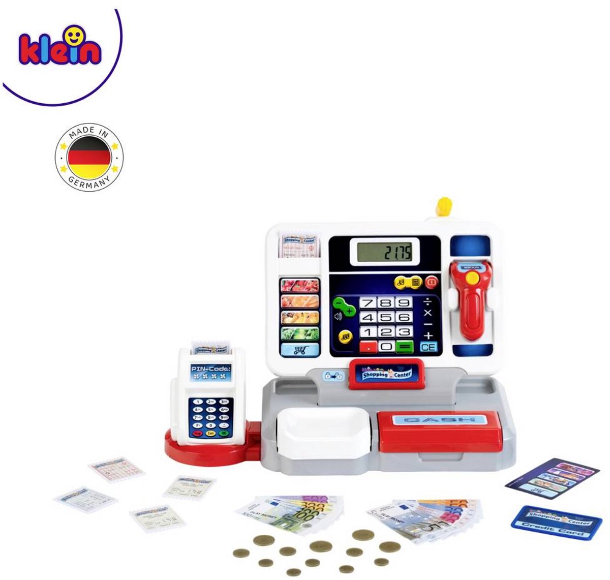 Klein Toys elektronische kassa - afneembare tablet, rekenmachinefunctie, scanner, kaartlezer en een kassa vol speelgeld - 33,42x16,83x22,33 cm - incl. soundbar - grijs rood — afbeelding 12