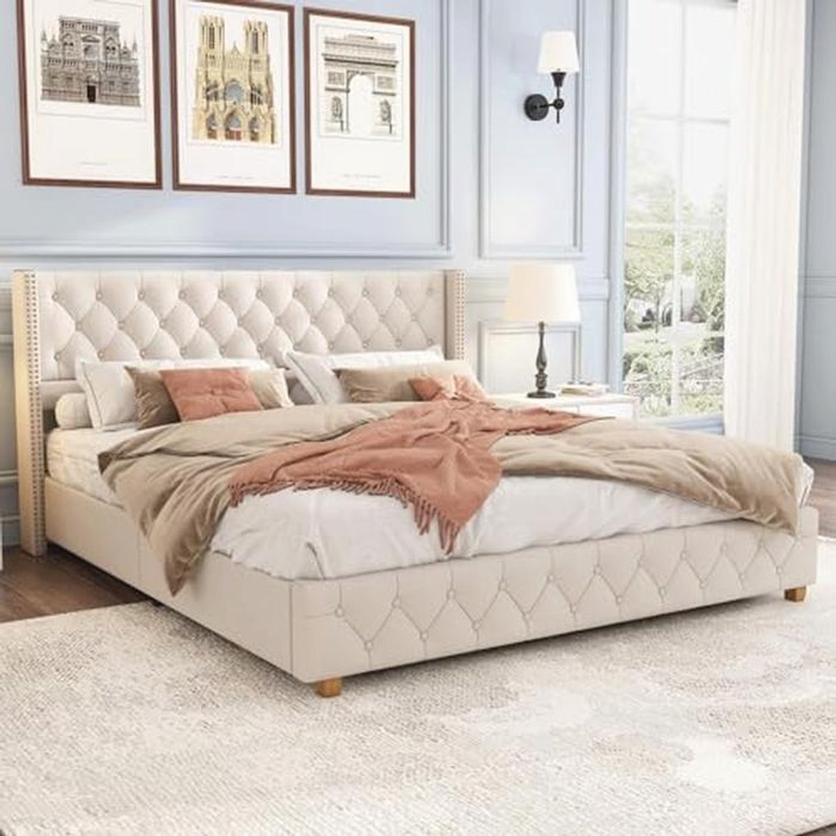 Tweepersoonsbed 160 x 200 cm met lattenbodem en gevoerde kopstuk, Beige, voor kinderen en volwassenen