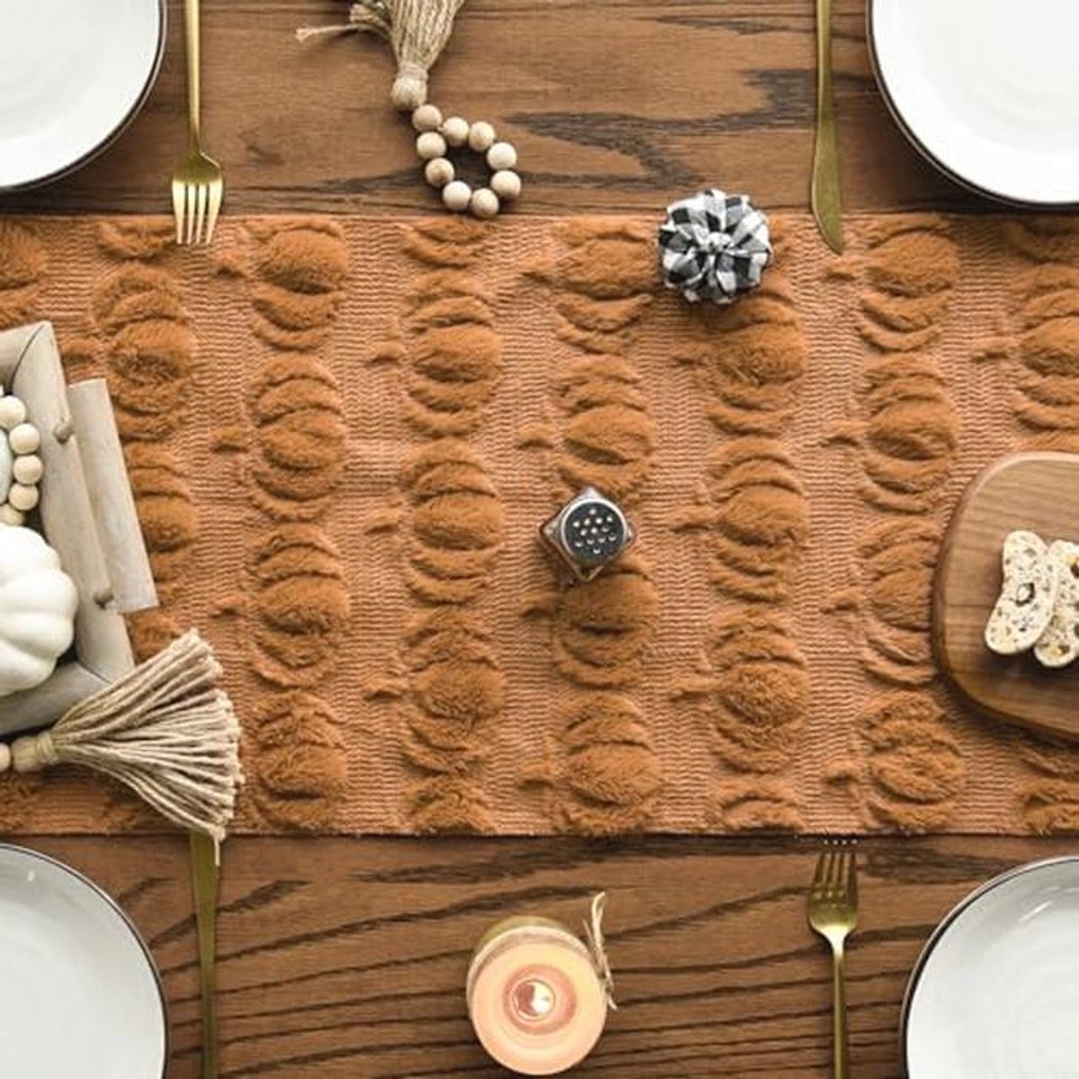 Zachte Fluweel Tafelloper voor Herfstdecoratie - Pompoen- en Jacquarddesign - 33 x 303 cm