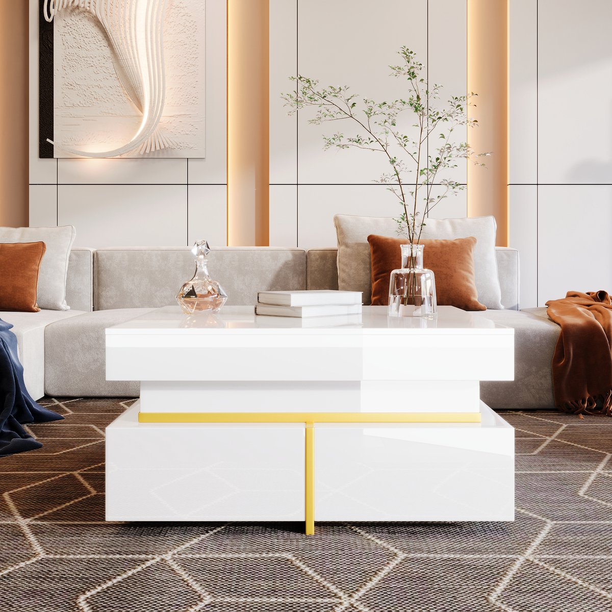 REDOM Salontafel Hoogglans Wit met Gouden Accenten, 2 Ruime Laden, Compact Design 70×70×35,5 cm